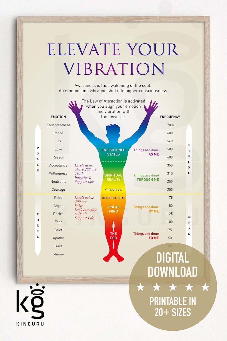 May include: A printable chart with a rainbow-colored human figure in the center. The chart shows different emotions and their corresponding vibration frequencies. The chart also includes the words "Elevate Your Vibration" and "The Law of Attraction is activated when you align your emotion and vibration with the universe."
