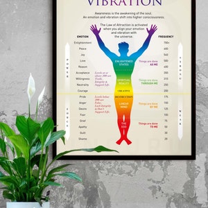 May include: A motivational poster with a rainbow-colored human figure, showing different levels of vibration and emotions. The poster includes the text "Elevate Your Vibration" and "Things are done as me, through me, by me, to me".