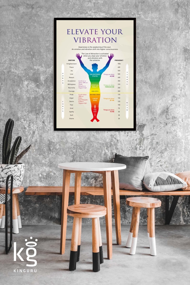 May include: A motivational poster with a rainbow-colored human figure illustrating the concept of "Elevate Your Vibration". The poster shows a scale of emotions and their corresponding frequencies, with the highest frequency associated with enlightenment and the lowest with shame.