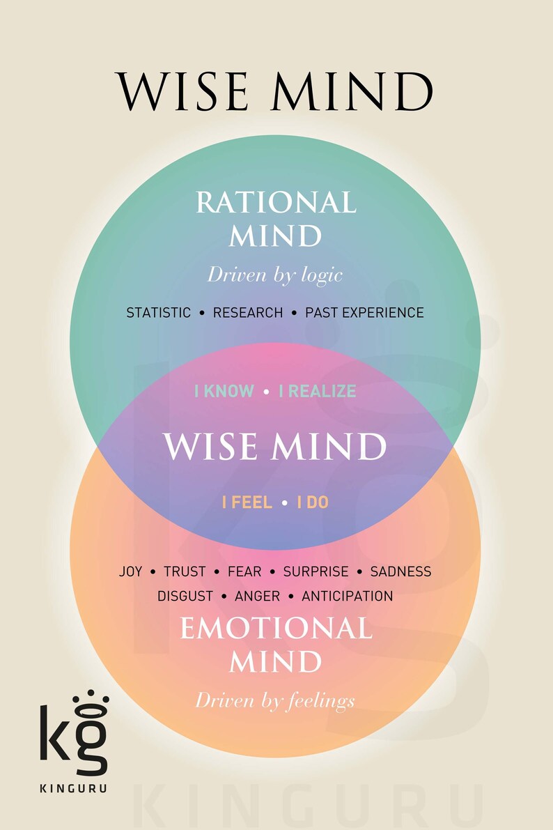 Pu&ograve; includere: Un diagramma che illustra il concetto di "Mente Saggia" come l'intersezione di "Mente Razionale" e "Mente Emotiva". La Mente Razionale &egrave; guidata dalla logica e include elementi come statistiche, ricerche ed esperienze passate. La Mente Emotiva &egrave; guidata dai sentimenti e include emozioni come gioia, fiducia, paura, sorpresa, tristezza, disgusto, rabbia e anticipazione.