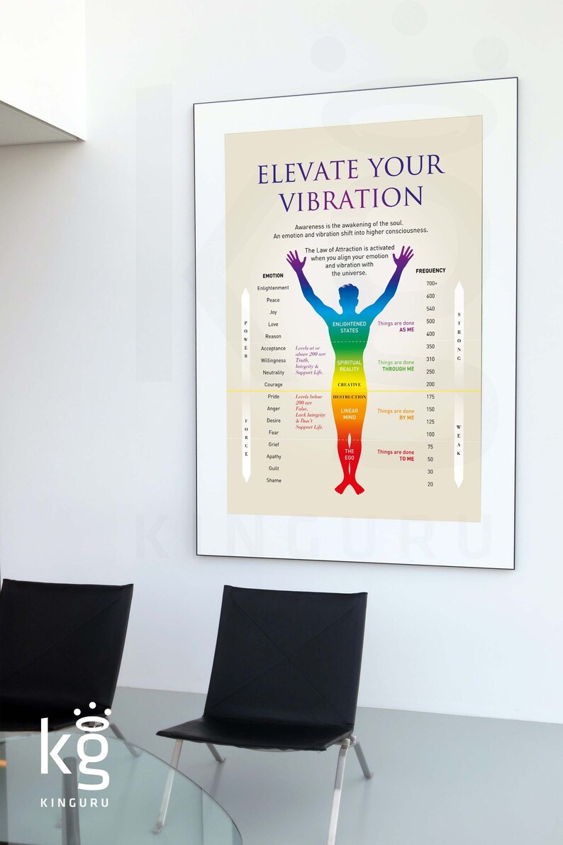 May include: A chart titled "Elevate Your Vibration" shows a human figure with arms raised. The figure is divided into sections of color, each representing a different emotion and its corresponding frequency. The chart includes a scale of emotions from "Enlightenment" to "Shame" and a scale of frequency from 700+ to 25.