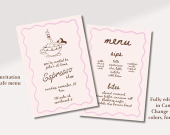 Plantilla editable de invitación y menú para cafetería en casa / Imprimible para una linda fiesta de café expreso / Plantilla de Canva para invitación a un brunch de cafetería