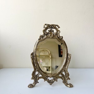 Vintage Ornate Brass Tabletop Mirror - Made in Portugal
