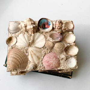 Vintage Handmade Wooden Seashell box. Victorian Sailor&#39;s Love Token Shell Trinket Box. Seashell Jewellery Box. Seaside Memories Gift