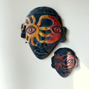 Sun & Moon Ceramic Face Wall Masks – Abstract Tribal-Inspired Art | Earth Tone Sculptural Wall Decor | Sun and moon face wall art. Clay mask