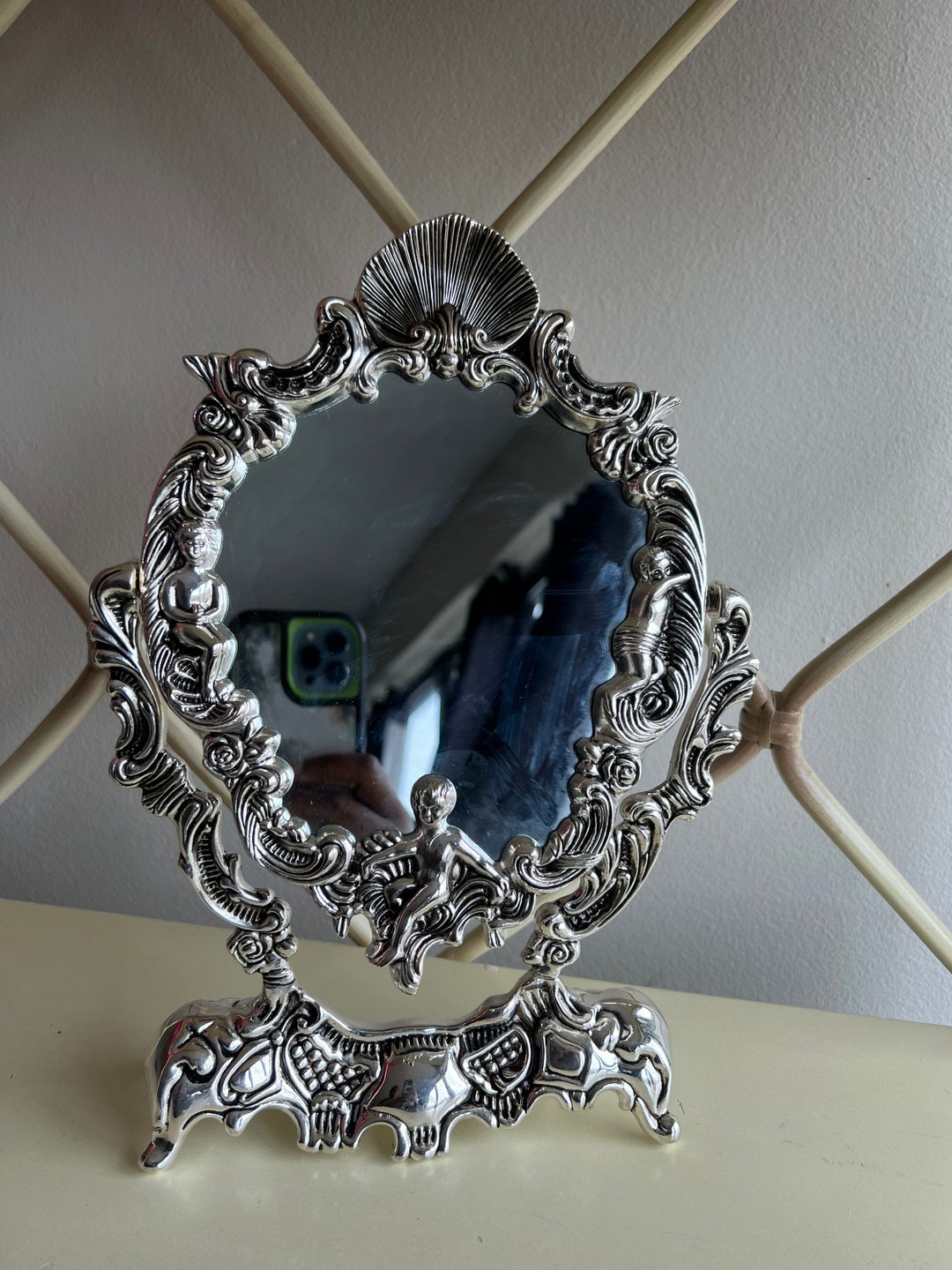 Vintage Table Mirror Silver Plate Mirror Cherub Mirror Etsy