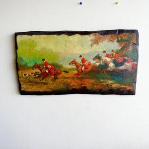 Vintage Fox Hunting Wood Art: Rustic Equestrian Lodge Decor