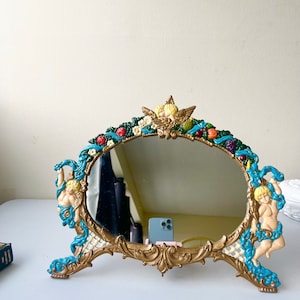 Vintage Cherub Cast Iron Swivel Mirror: Hand-Painted Tabletop Vanity Mirror