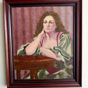 Framed Vintage Female Portrait Painting | Oil Woman Wall Art in Red & Green Frame | Antique Style Home Decor | Large Wall Art Gift Idea