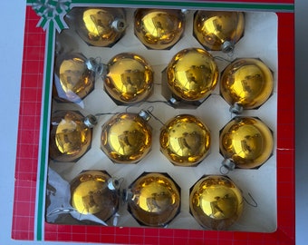 Vintage set of 14 gold ornament. unique glass tree ornaments, Gold Glass Ornaments in Original Box, cool christmas ornaments