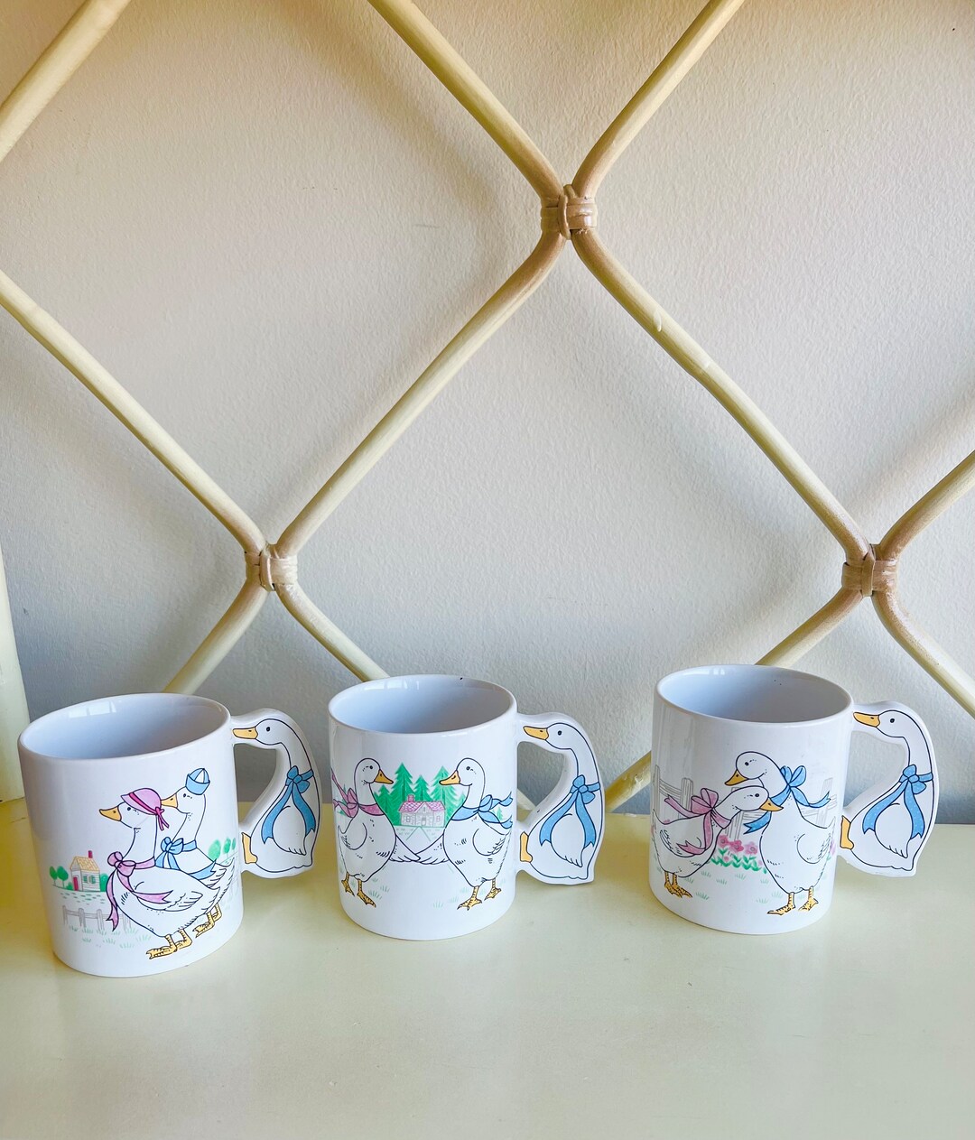 Vintage Ribbon Goose Mugs Set of Three Goose Mugs Goose Etsy