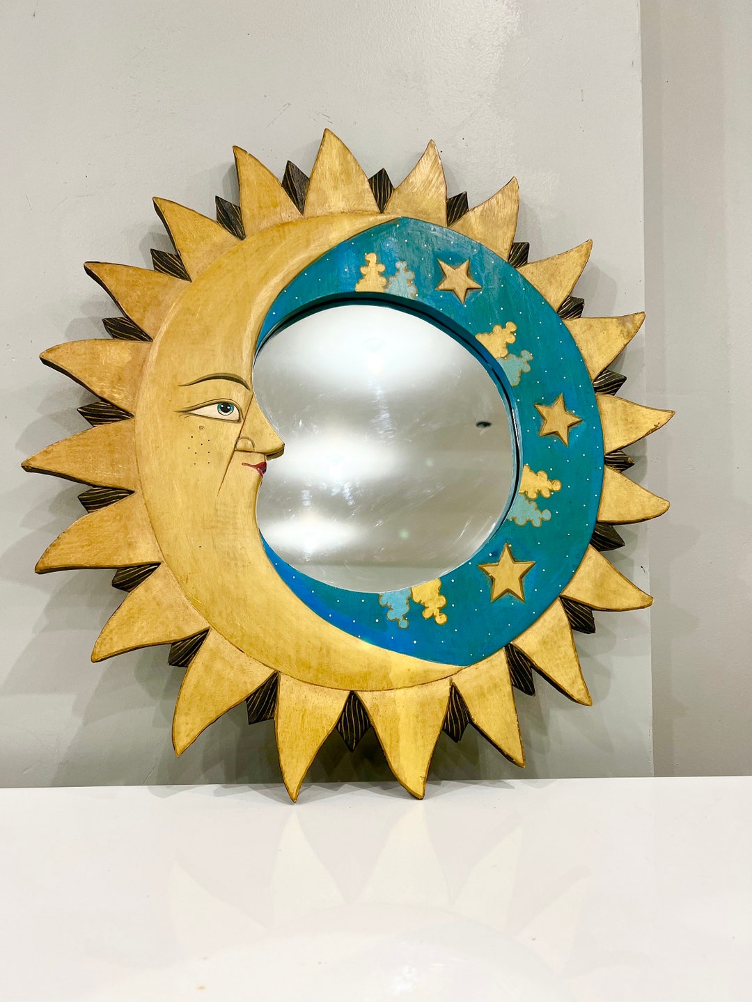 Celestial Wall Mirror. Retro Sun Moon Stars Mirror. Handmade Mirror