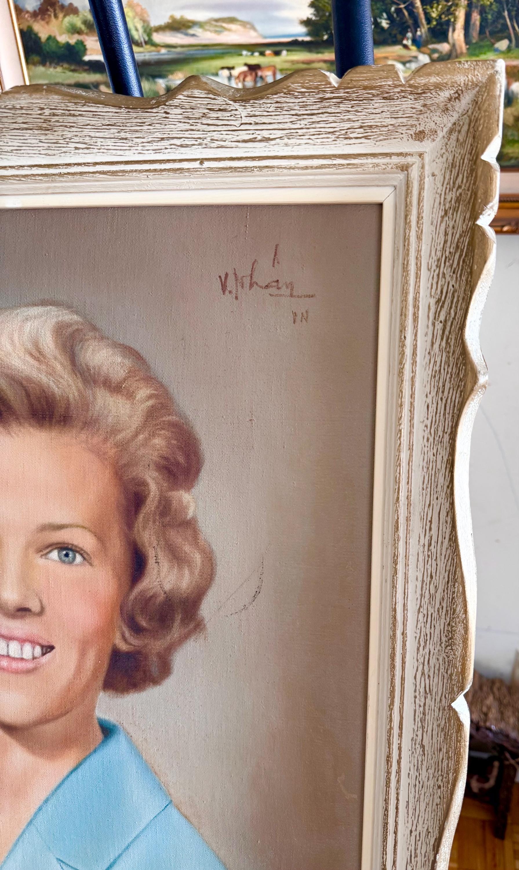 Vintage 1960s Signed Portrait Painting of a Woman in Blue Blazer ...