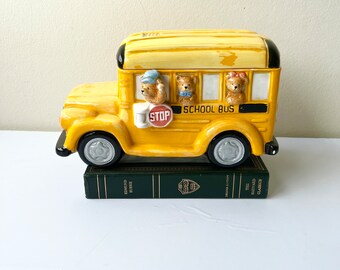 yellow cookie jar. school bus cookie jar. abstract cookie jar. retro kitchen décor.