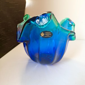 Vintage Murano Style Blue & Green Art Glass Bowl – White Cristal Italy