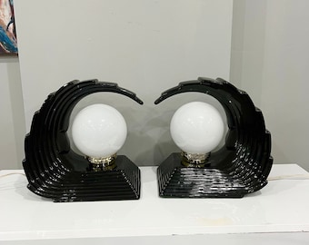 black table lamp. vintage ceramic table lamp. vintage wave Lamp. black vintage lamp. living room light. gift for mum. hallway lamp