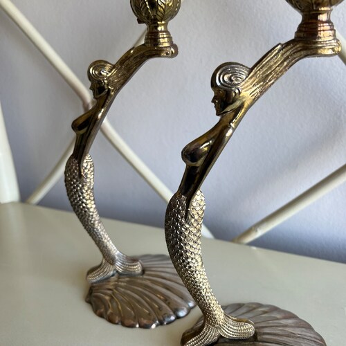 Vintage brass mermaid shops candle holder, solid brass sculpture, holiday gift,