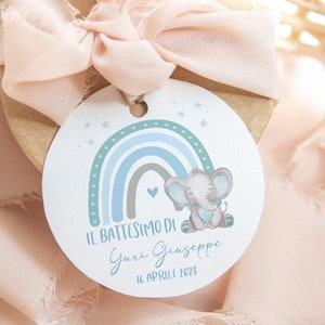 Set 20 Birth/Baptism Tag with baby elephant and blue/grey rainbow