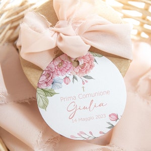 Set of 20 Communion Tags with Elegant Pink Flowers