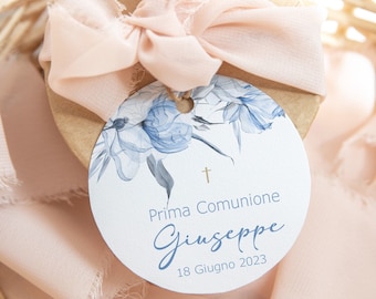 Set Tag Comunione Bambino con eleganti fiori Blu/Azzurro