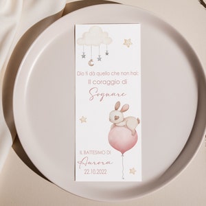 Segnaposto per Battesimo/Nascita con dolcissimo coniglietto su palloncino Rosa/Azzurro acquarellati