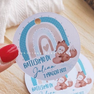 Set of 20 round birth/baptism tags with delicate watercolored Fox baby drawings