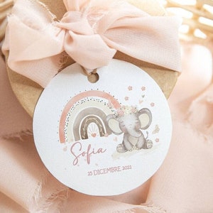 Set of 20 round birth/baptism tags with delicate watercolor designs for girls