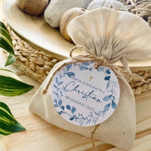Set 20 Tag per Comunione con delicate foglie dalle sfumature azzurre, Personalizzate