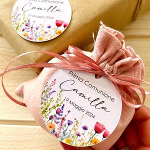 Set di 20 Tag tonda Nascita/Battesimo/Comunione con delicati disegni acquarellati bimba