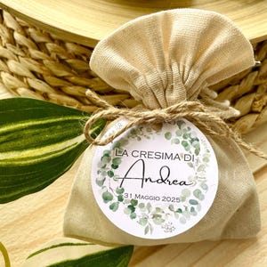 Set 20 Tag per Cresima/Comunione con foglie di EUCALIPTO, Personalizzate