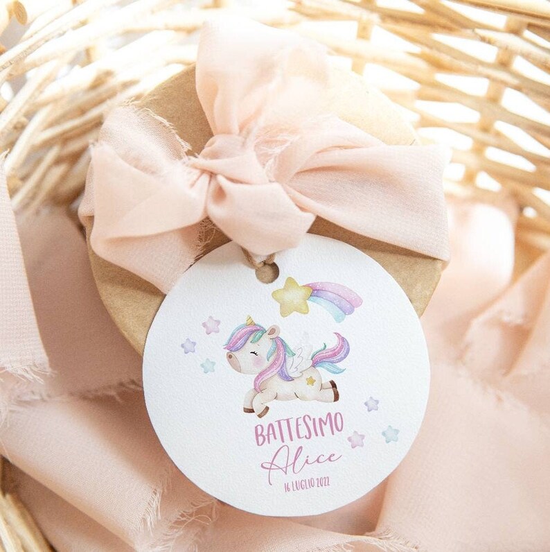 Set 20 Tag Nascita /Battesimo bimba con unicorno acquarellato immagine 1