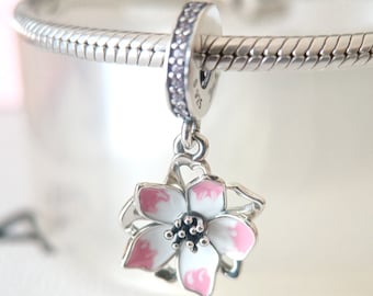 Pink Cherry Blossom Dangle Charm Fits Pandora Bracelet/Gift for Her/Handmade Jewelry for Women Gift 925 Silver European Charm Bead