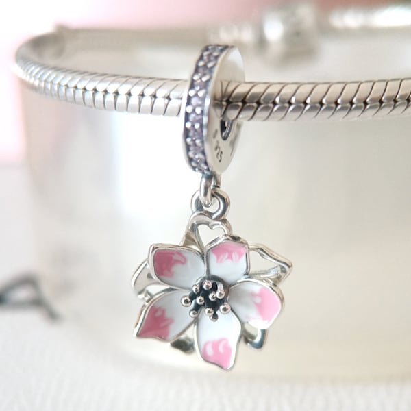 Pink Cherry Blossom Dangle Charm Fits Pandora Bracelet/Gift for Her/Handmade Jewelry for Women Gift 925 Silver European Charm Bead