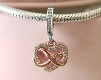 Funkelnde Infinity Herz Baumeln Charme passt Pandora Armband / Geschenk für Sie / Halskette Anhänger / Mode Geschenk Rose Gold Charm Perle