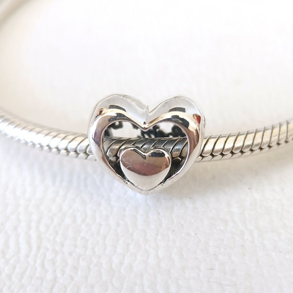 Open Worked Heart and Writing Charm Fits European Charm Bracelet/Gift for Her/Necklace Pendant/Handmade Charm Gift 925 Silver Charm bead