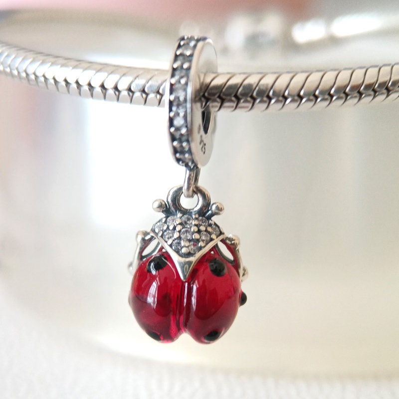Red Ladybug Dangle Charm Charms for Pandora Bracelet Gift for Her Fashion Jewelry for Women 925 Silver Handmade Charm European Bead