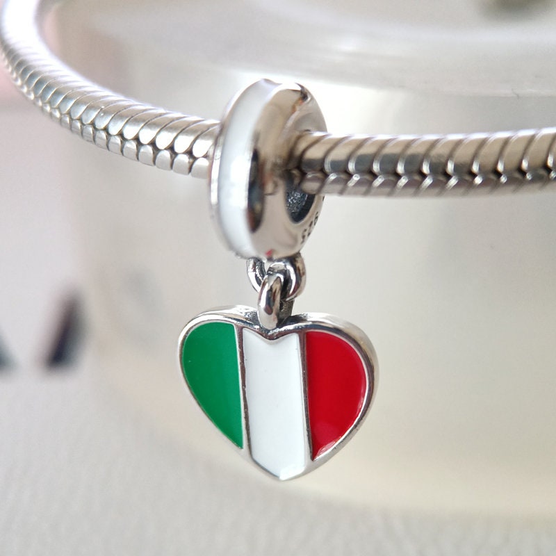 Heart Italy Flag Dangle Charm Fits Pandora Bracelet Gift for Her Fashion Jewelry for Women 925 Silver Handmade Charm European Bead