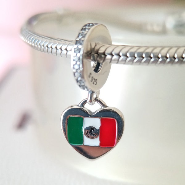 Mexico Heart Flag Dangle Charm Fits Pandora Bracelet/Gift for Her/Handmade Jewelry for Women Gift 925 Silver European Charm Bead