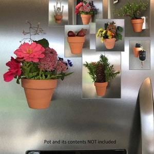 May include: A stainless steel refrigerator with multiple small terracotta pots with various plants and flowers attached to the surface with magnets. The pots are filled with greenery, flowers, and other natural elements. The text "Pot and its contents NOT included" is printed below the pots.