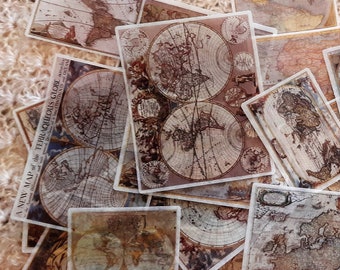 May include: A collection of vintage world map stickers in various styles and sizes. The stickers are printed on a clear background and feature a variety of colors, including brown, beige, and white.