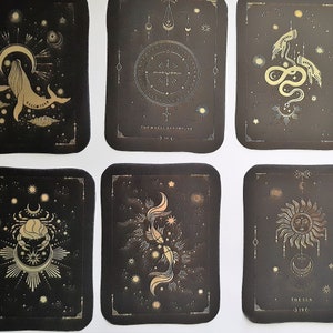 Adesivi Tarocchi Misteriosi, Tarocchi Nero e Oro, Adesivi Sole e Luna Nero e Oro, Adesivi Washi, Set da 20/40 pezzi, Oro e Nero