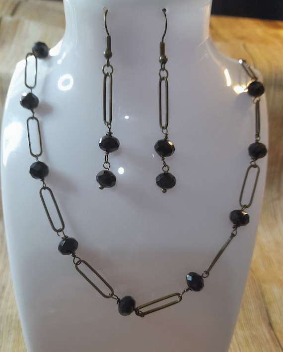 Black Beaded Necklaces, with matching earrings, available in 2 styles. Handmade, in a gift bag.