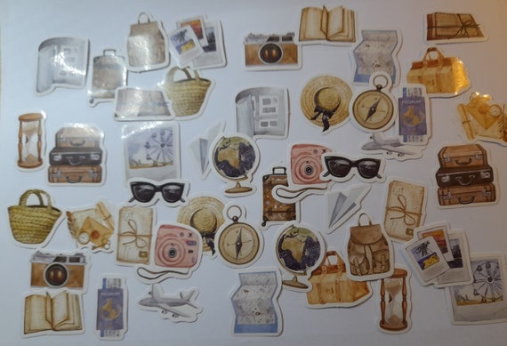 Vintage Stickers, Travelling Set 46 pieces, Library Set 38 pieces. For Planners, Scrapbooking, Collage