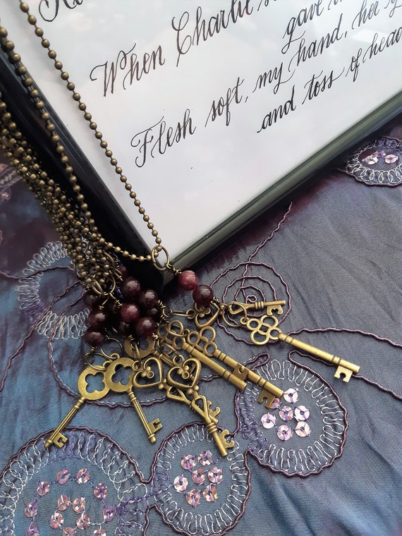 Necklace with Key Pendant, Ancient Culture Inspired, Bronze alloy metal, 60cm long chain, Dark Red Garnet Beads, 3 styles to choose from