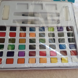 Pintura de acuarela, paleta de 48 colores, con pinceles y esponjas, en caja, pigmentos sólidos