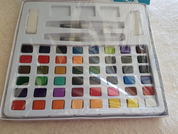 Watercolor paint, 48 colours palette, with brushes and sponges, in box, Solid pigments