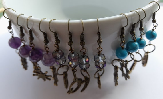 Moon, Stars and Sun. Old Bronze Earrings Pair, 6 designs, crystal, amethyst or turquoise stones, hand made