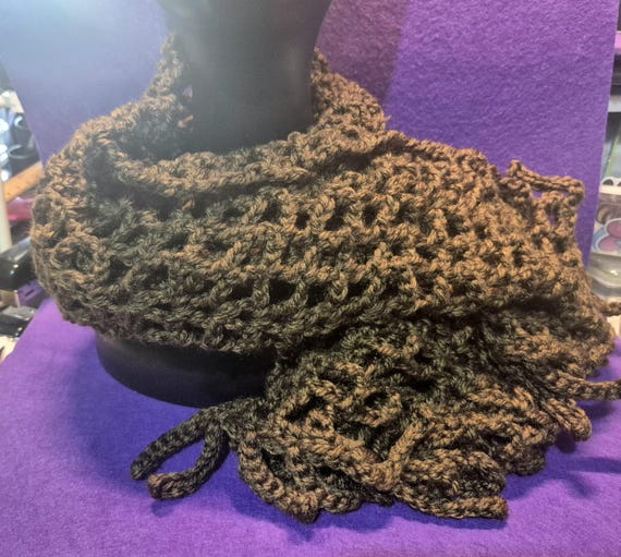 Brown Alpaca Blend Scarf, Fringed, Shawl, Crochet, Handmade, Soft and Warm, 150 X 35 centimeters