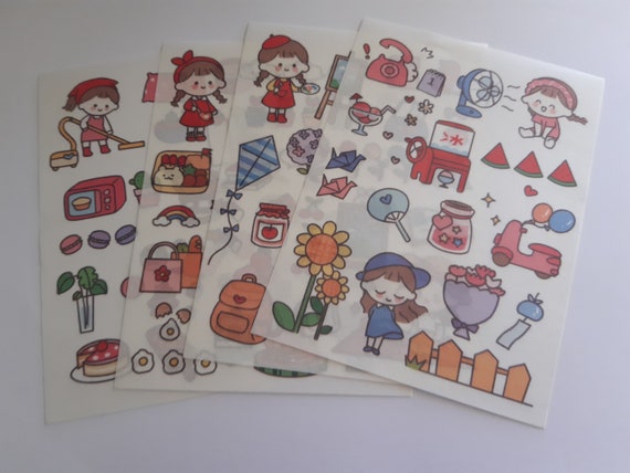 Girls cartoons Stickers, 4 Sheets, Lot of Stickers, Childhood mementos, Children Chore,  Decoration Sticker, Creative, Scrapbooking, Journal