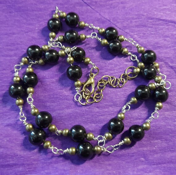 Necklace or Bracelet, Bronze and Silver, Beaded adjustable chain, Black Obsidian Beads, and Old bronze Small Beads. In Gift Bag.